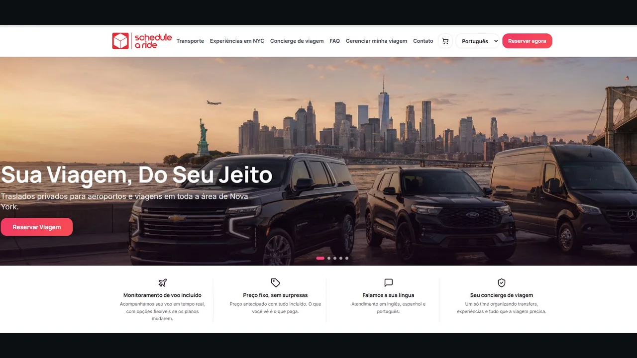 Schedule A Ride transportation website preview with fleet and New York skyline